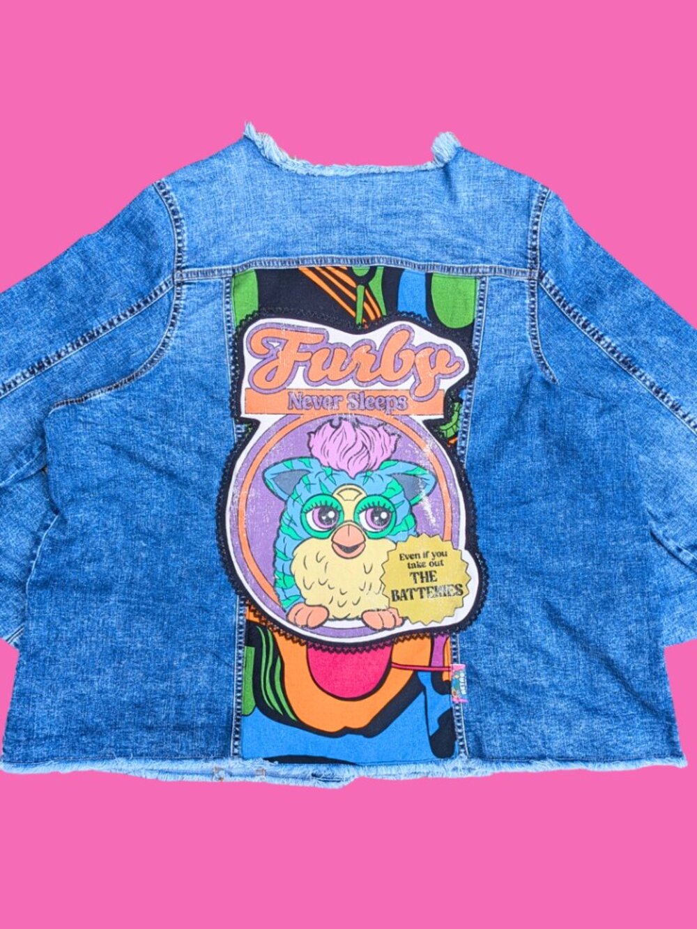 Furby ''Never Sleeps'' Upcycled T-Shirt Denim Jacket Size 2XL